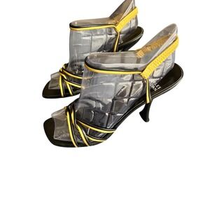 Charles Jourdan Paris Strappy Black Gold High Heel Square Open Toe Sandals Y2K